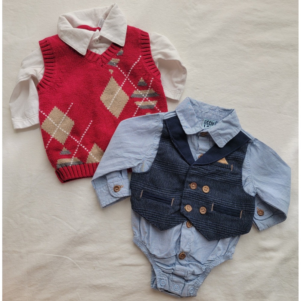 Little Lad & First Impressions Baby Boy Dress Outfits Bundle 0-3M Red Blue Vest